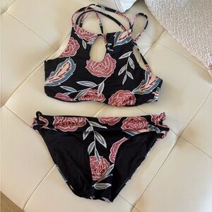 Roxy Black and Pink Floral Bikini Swim Set